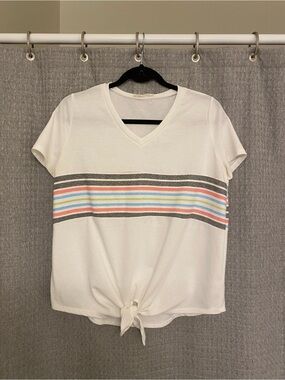 Striped White V-Neck Tie-Front T-Shirt